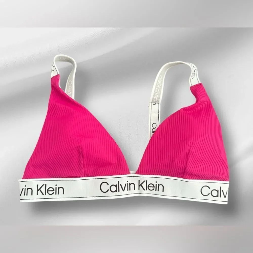 Calvin Klein Women’s Fuchsia Silky Ribbed Logo Bikini Top, Large, NWOT